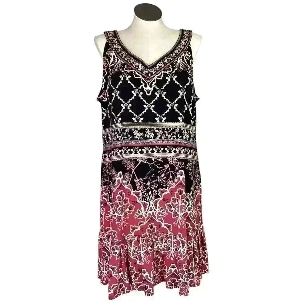 White House Black Market Dress Womens 3X Black Pink Sleeveless Beaded Cocktail